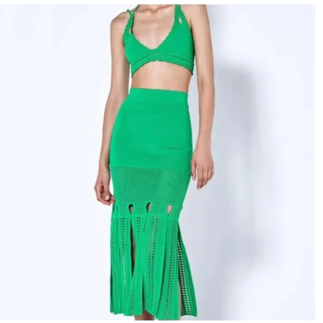 Alexis Green Crochet Knit Halter Crop Top Midi Skirt Set Resort Vacation Size Xs